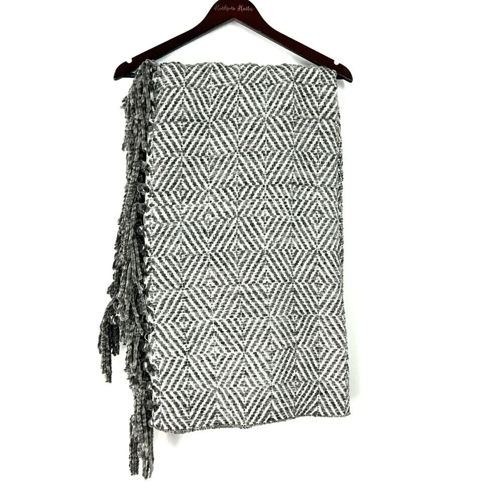 Kirklands Charcoal Gray Chenille Throw Blanket Diamond Fringe Reversible 50x60